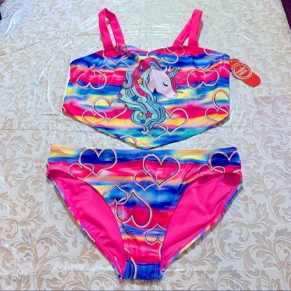 NWT Wonder Nation Swimsuit Unicorn & Hearts Bikini UPF 50+ Girls Size XXL 18 
